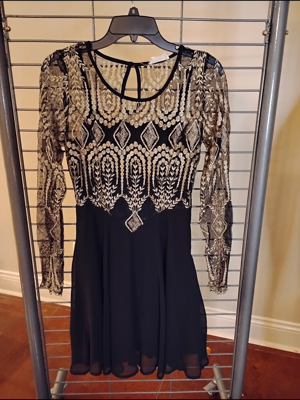 Altar'd State Black Dress with Gold Embroidered Lace Bodice and Long Sleeves